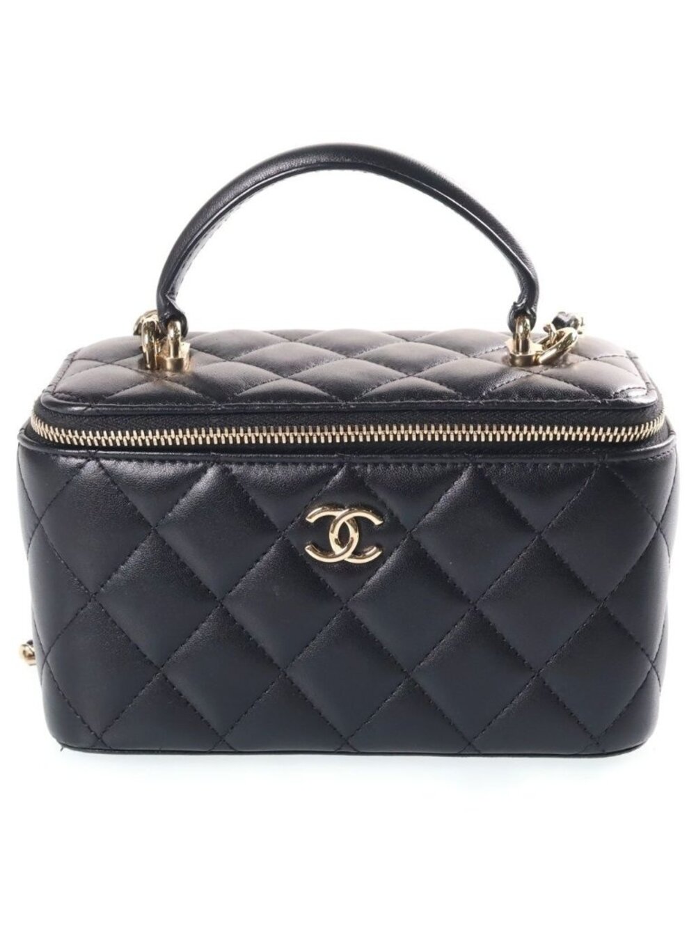 Chanel Quilted Mini Vanity Lambskin Leather Chain Shoulder Bag Black Gold